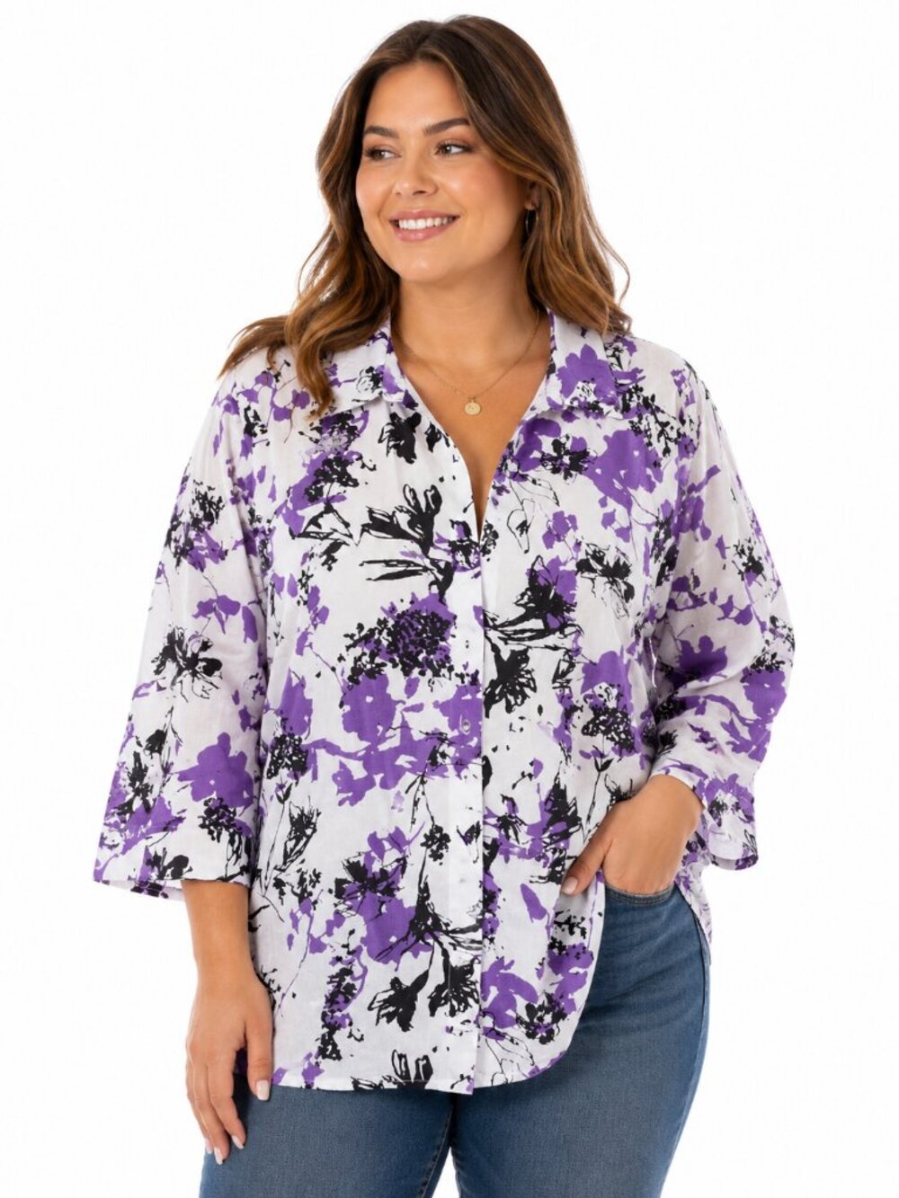 Kim Rogers Woman Floral Button Front Blouse Women’s Plus Size 18W Purple White C